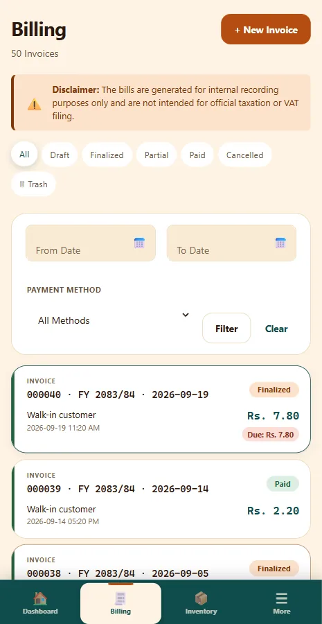 PharmHops billing screen on an Android phone, listing invoices with their status, amount and balance due