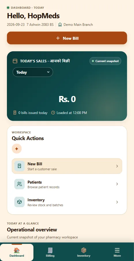 PharmHops dashboard on an Android phone, with today's sales, a New Bill button and quick actions