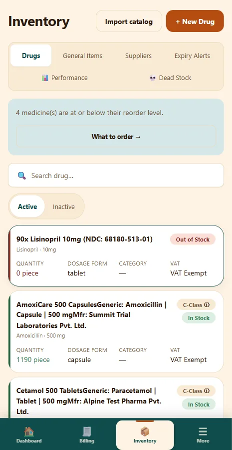 PharmHops inventory screen on an Android phone, with stock status tags and a reorder notice